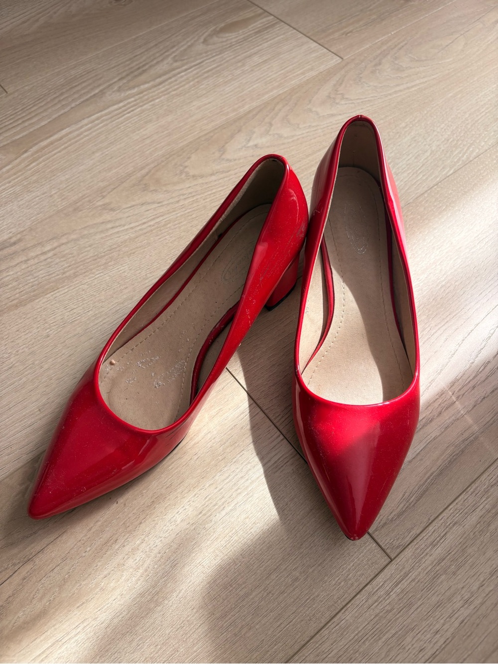 Madeline Red Patent Pointed Toe Low Block Heel Pumps